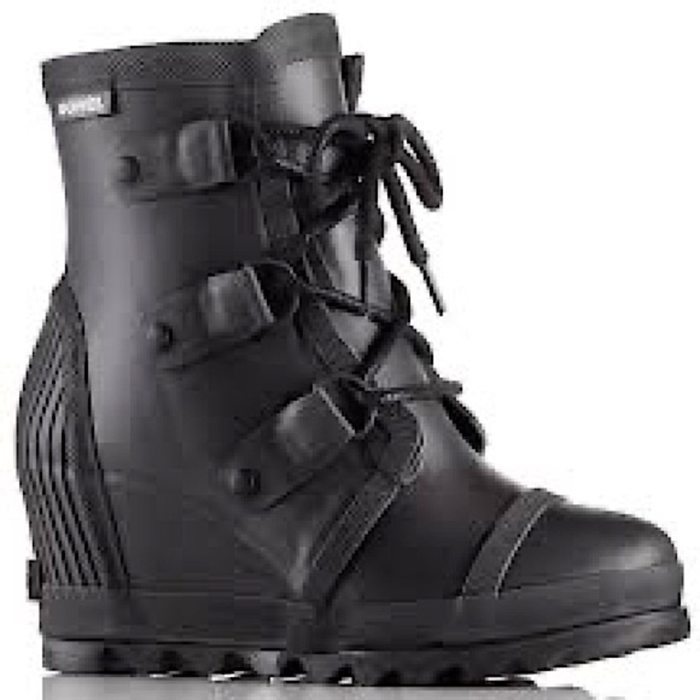 Sorel Joan Rain Wedge Boot Women 7.5 Black Waterproof Wedge Heel Red Laces
